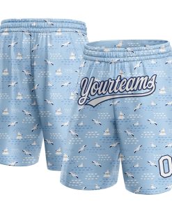 Custom Light Blue White-Navy 3D Pattern Seagulls Authentic Basketball Shorts