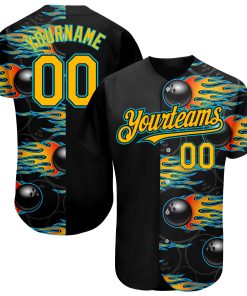 Custom Black Gold-Lakes Blue 3D Pattern Design Bowling Ball With Hotrod Flame Authentic Jersey Ball