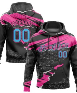Custom Stitched Black Sky Blue-Pink 3D Pattern Design Torn Paper Style Sports Pullover Sweatshirt Hoodie