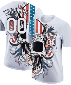 Custom White Black 3D Skull With American Flag Performance T-Shirt