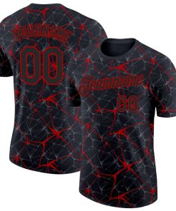 Custom Black Red 3D Pattern Design Abstract Network Performance T-Shirt