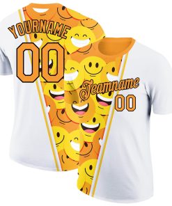 Custom White Bay Orange-Black 3D Pattern Design Smile Emoji Performance T-Shirt