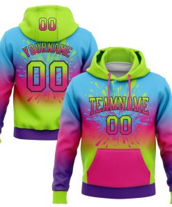 Custom Stitched Sky Blue Neon Green Hot Pink Purple-Black Fade Fashion Splash Sports Pullover Sweatshirt Hoodie