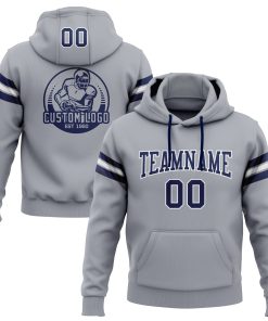 Custom Stitched Gray Navy-White Football Pullover Sweatshirt Hoodie