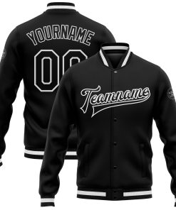 Custom Black Black-White Bomber Full-Snap Varsity Letterman Jacket