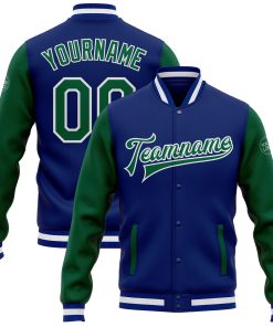 Custom Royal Kelly Green-White Bomber Full-Snap Varsity Letterman Two Tone Jacket
