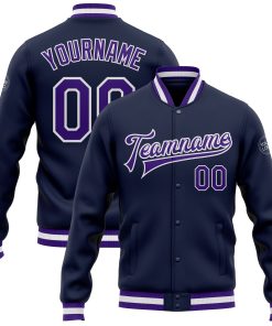 Custom Navy Purple-White Bomber Full-Snap Varsity Letterman Jacket
