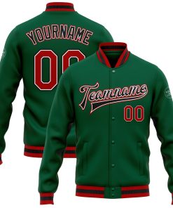 Custom Kelly Green Red-Black Bomber Full-Snap Varsity Letterman Jacket