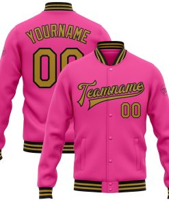 Custom Pink Old Gold-Black Bomber Full-Snap Varsity Letterman Jacket