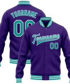 Custom Purple Aqua-White Bomber Full-Snap Varsity Letterman Jacket