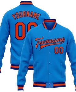 Custom Powder Blue Orange-Royal Bomber Full-Snap Varsity Letterman Jacket
