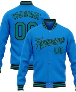Custom Powder Blue Teal-Black Bomber Full-Snap Varsity Letterman Jacket