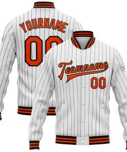 Custom White Black Pinstripe Orange Bomber Full-Snap Varsity Letterman Jacket
