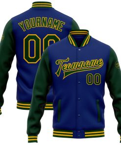 Custom Royal Green-Gold Bomber Full-Snap Varsity Letterman Two Tone Jacket