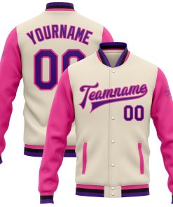 Custom Cream Aqua Purple Pink-Black Bomber Full-Snap Varsity Letterman Two Tone Jacket