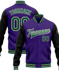 Custom Purple Kelly Green Black-Cream Bomber Full-Snap Varsity Letterman Two Tone Jacket