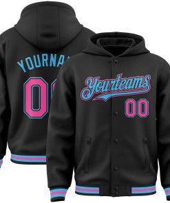 Custom Black Pink-Sky Blue Bomber Full-Snap Varsity Letterman Hoodie Jacket