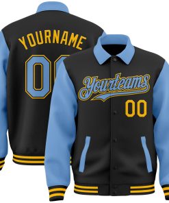 Custom Black Light Blue-Gold Bomber Full-Snap Varsity Letterman Two Tone Lapel Collar Byron Jacket