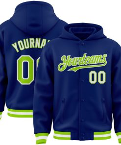 Custom Royal Neon Green-White Bomber Full-Snap Varsity Letterman Hoodie Jacket