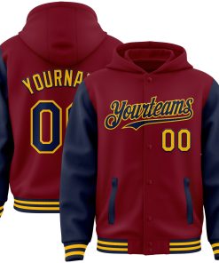 Custom Crimson Navy-Gold Bomber Full-Snap Varsity Letterman Two Tone Hoodie Jacket