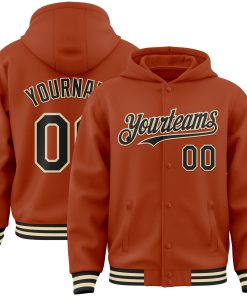 Custom Texas Orange Black-Cream Bomber Full-Snap Varsity Letterman Hoodie Jacket