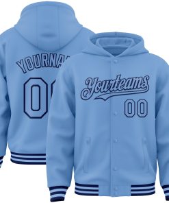 Custom Light Blue Navy Bomber Full-Snap Varsity Letterman Hoodie Jacket