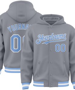 Custom Gray Light Blue-White Bomber Full-Snap Varsity Letterman Hoodie Jacket