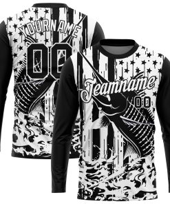 Custom Black White 3D American Flag And Marlin Fish Fishing Long Sleeve Performance T-Shirt