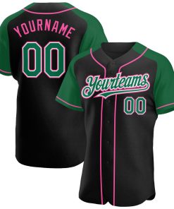 Custom Black Kelly Green-Pink Authentic Raglan Sleeves Jersey