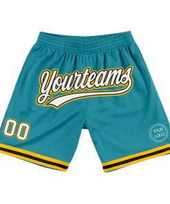 Custom Teal White Black-Gold Authentic Throwback Basketball Shorts