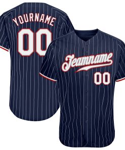 Custom Navy White Pinstripe White-Red Authentic Jersey